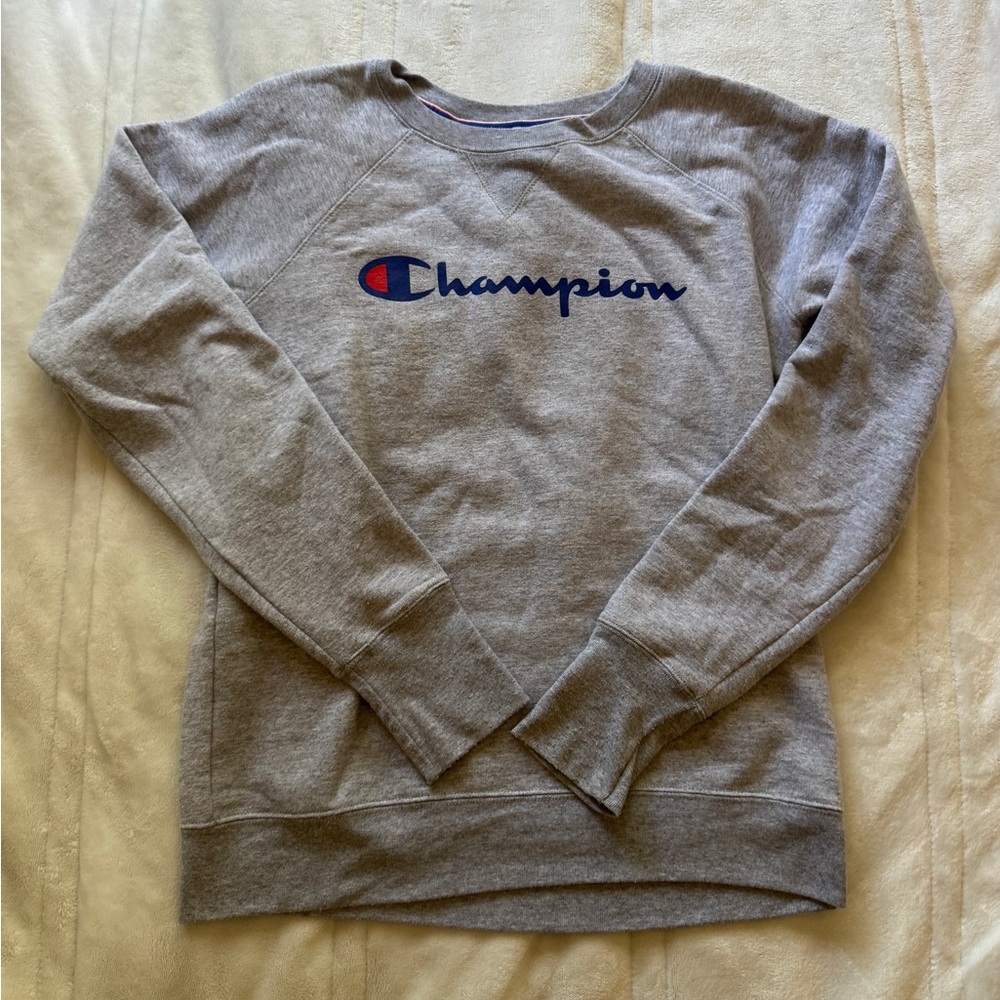 Champion S Gray Sweatshirt with Blue and Red Logo